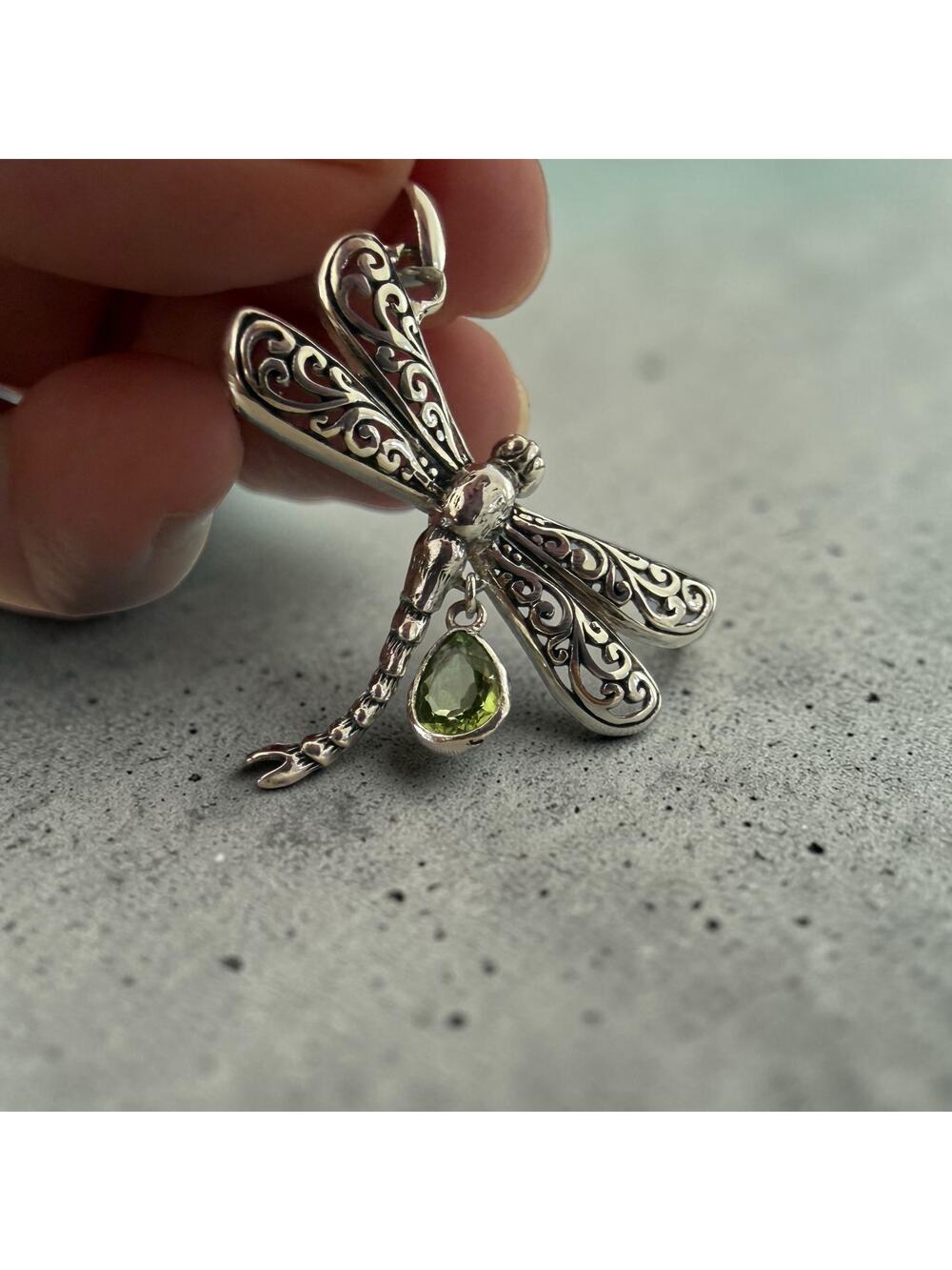 Sterling Silver Dragonfly Pendant with Peridot Drop